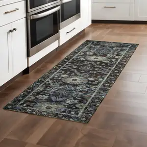 Photo of Navy And Blue Oriental Power Loom Stain Resistant Runner Rug