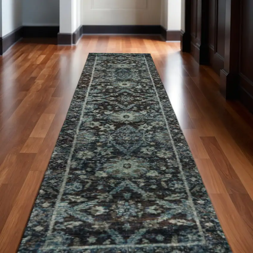 12' Blue Oriental Runner Rug Photo 1