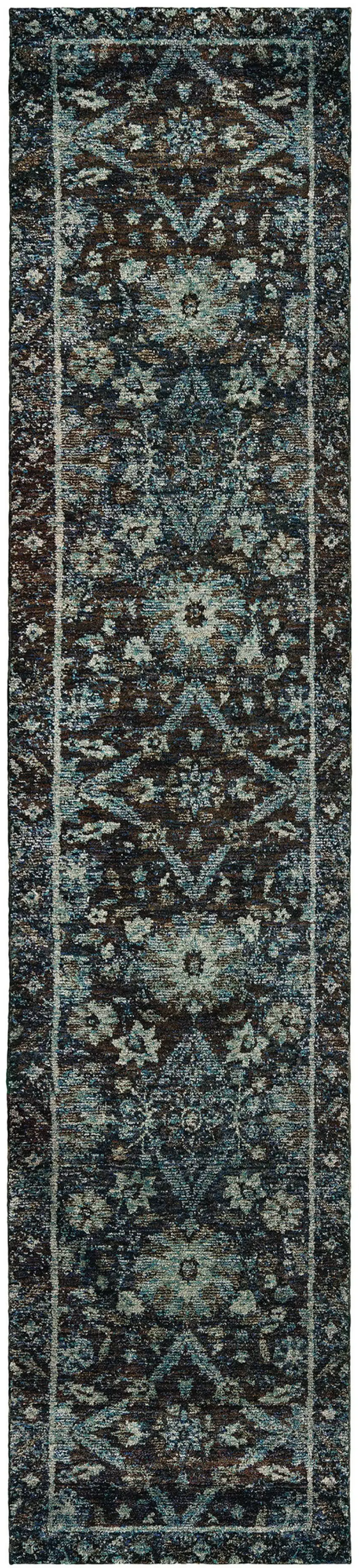 Navy And Blue Oriental Power Loom Stain Resistant Runner Rug Photo 1