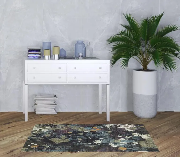Navy And Green Abstract Power Loom Stain Resistant Area Rug Photo 2