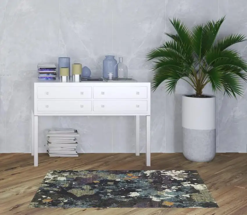 Navy And Green Abstract Power Loom Stain Resistant Area Rug Photo 2
