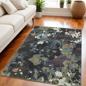 Photo of Navy And Green Abstract Power Loom Stain Resistant Area Rug