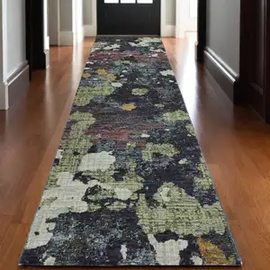 Photo of Navy And Green Abstract Power Loom Stain Resistant Runner Rug