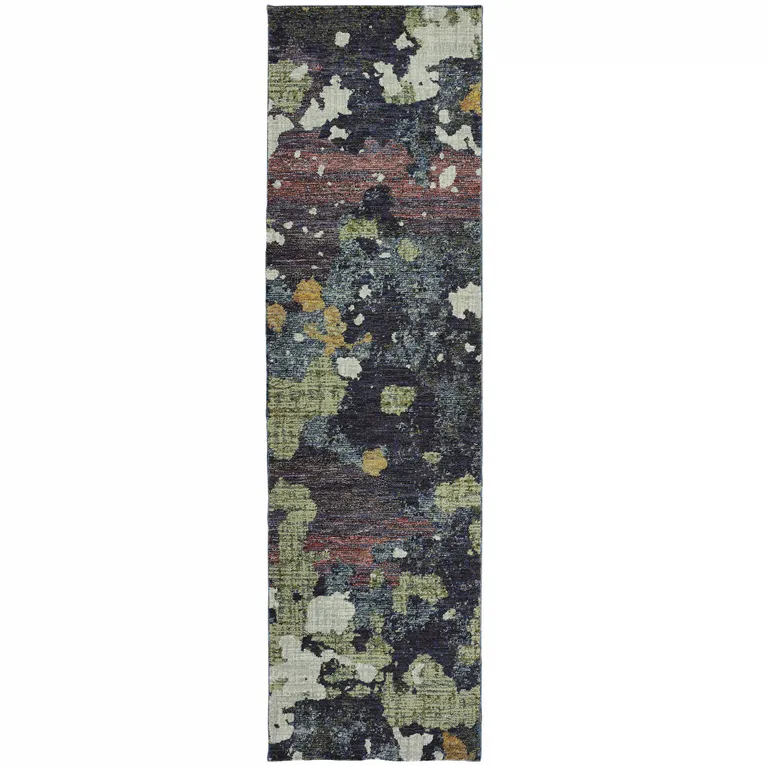 Navy And Green Abstract Power Loom Stain Resistant Runner Rug Photo 2