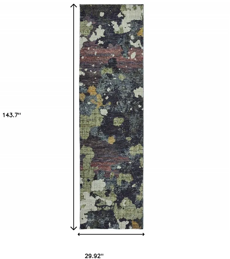 Navy And Green Abstract Power Loom Stain Resistant Runner Rug Photo 3