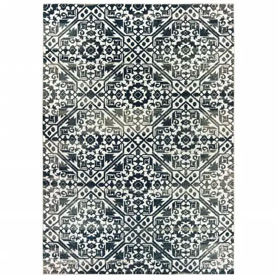 Navy Blue And Ivory Geometric Distressed Area Rug Photo 2