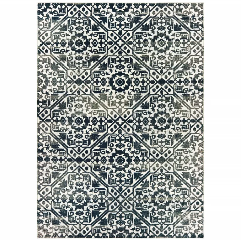Navy And Ivory Geometric Power Loom Stain Resistant Area Rug Photo 2