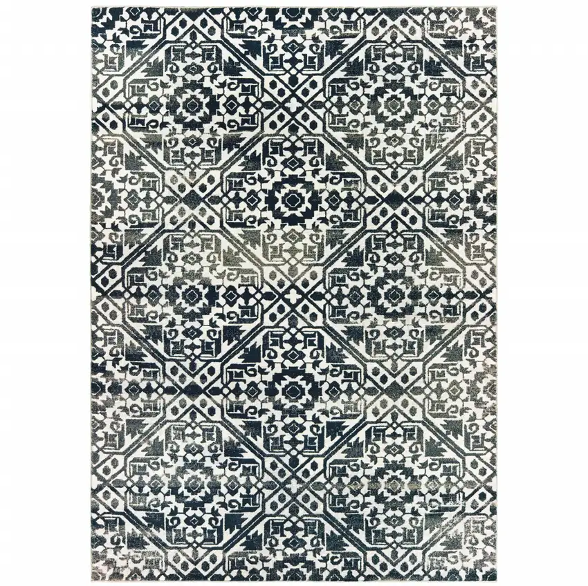 Navy Blue And Ivory Geometric Distressed Area Rug Photo 2