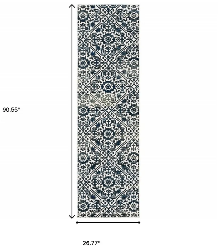 Navy And Ivory Geometric Power Loom Stain Resistant Runner Rug Photo 5