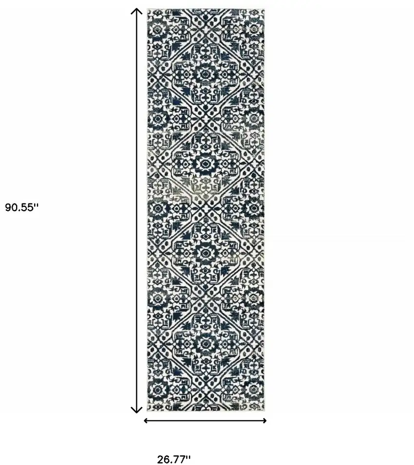 Navy And Ivory Geometric Power Loom Stain Resistant Runner Rug Photo 6