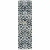 Photo of Navy And Ivory Geometric Power Loom Stain Resistant Runner Rug