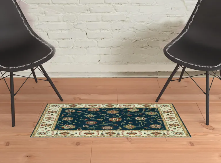 Navy And Ivory Oriental Power Loom Stain Resistant Area Rug Photo 2