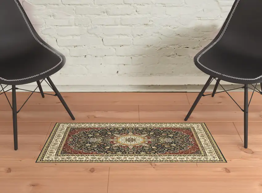 Navy And Ivory Oriental Power Loom Stain Resistant Area Rug Photo 2