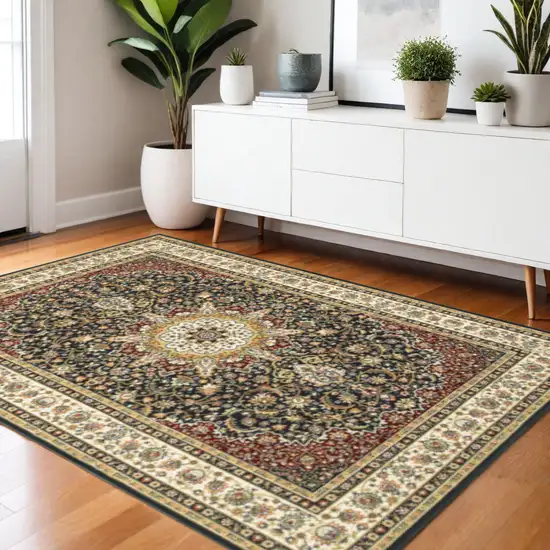 Navy And Ivory Oriental Power Loom Stain Resistant Area Rug Photo 1