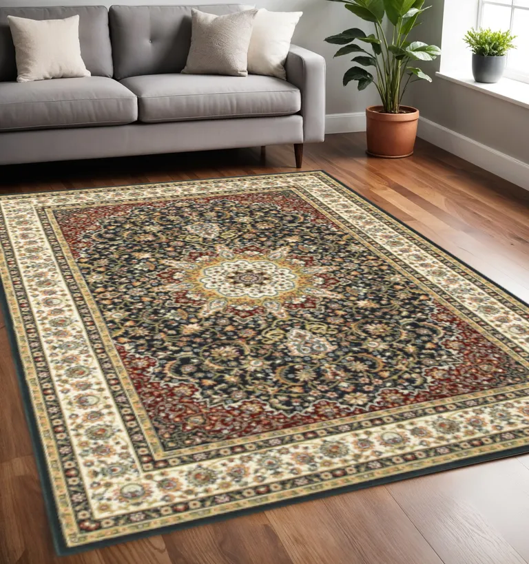 Navy And Ivory Oriental Power Loom Stain Resistant Area Rug Photo 5