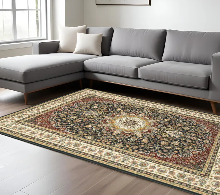 Navy And Ivory Oriental Power Loom Stain Resistant Area Rug Photo 5