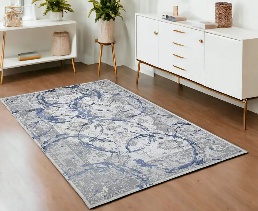 Navy Blue Abstract Area Rug With Fringe Photo 1