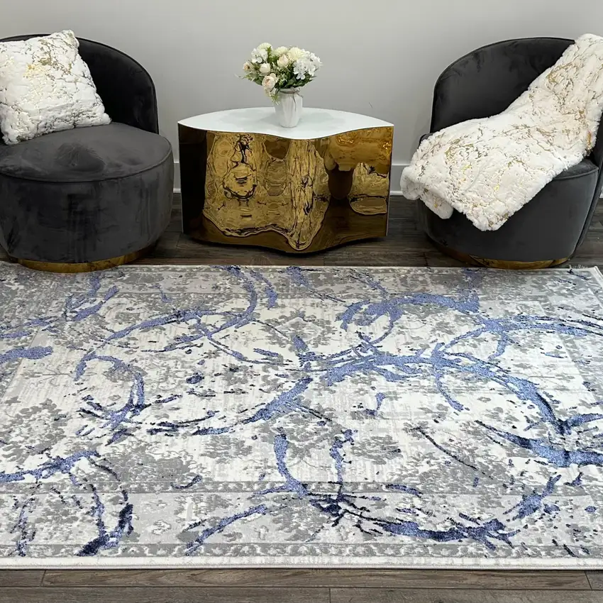 Navy Blue Abstract Area Rug With Fringe Photo 7