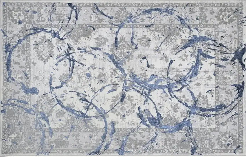 Navy Blue Abstract Area Rug With Fringe Photo 5