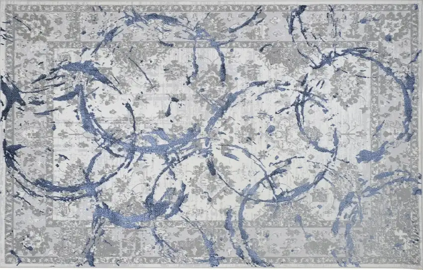 Navy Blue Abstract Area Rug With Fringe Photo 2