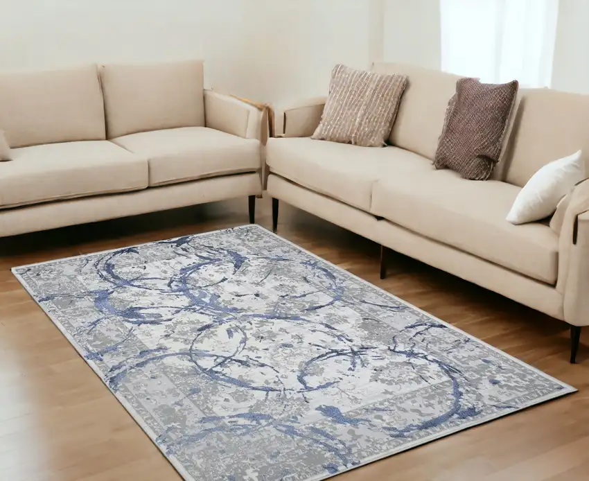Navy Blue Abstract Area Rug With Fringe Photo 1