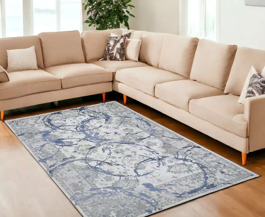 Navy Blue Abstract Area Rug With Fringe Photo 1