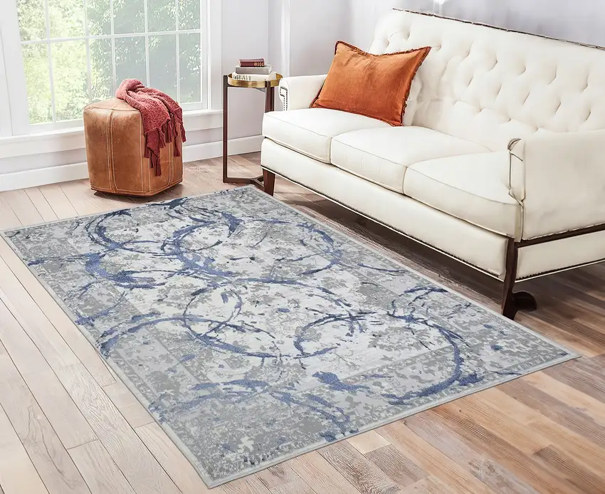 Navy Blue Abstract Area Rug With Fringe Photo 7