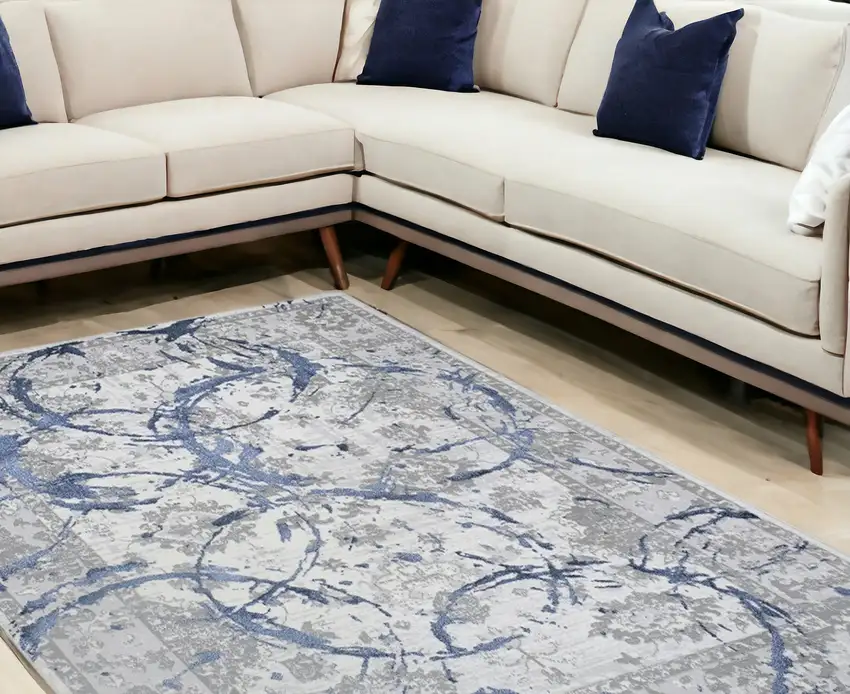 Navy Blue Abstract Area Rug With Fringe Photo 1