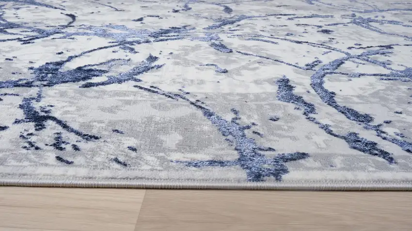Navy Blue Abstract Area Rug With Fringe Photo 4
