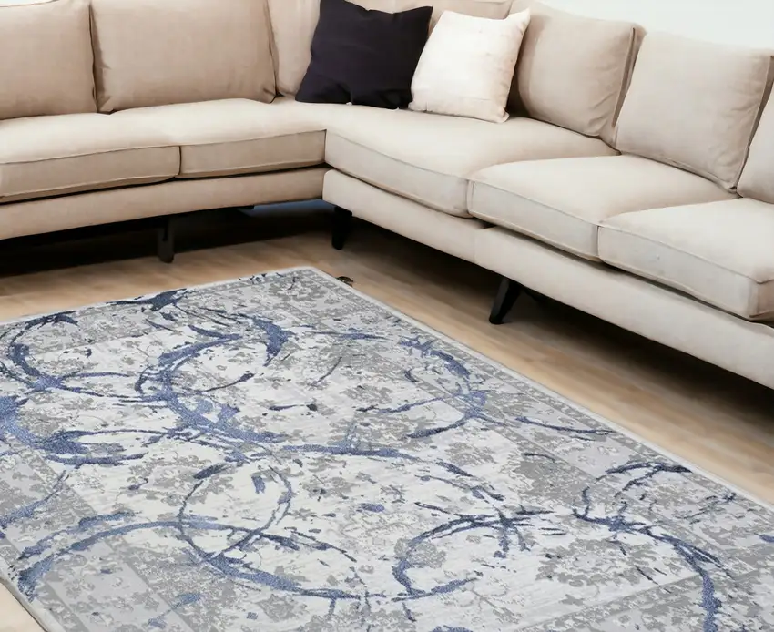 Navy Blue Abstract Area Rug With Fringe Photo 2