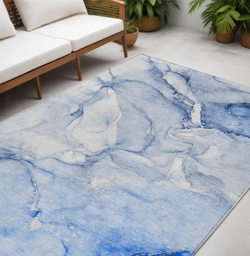 Navy Blue Abstract Washable Indoor Outdoor Area Rug Photo 2