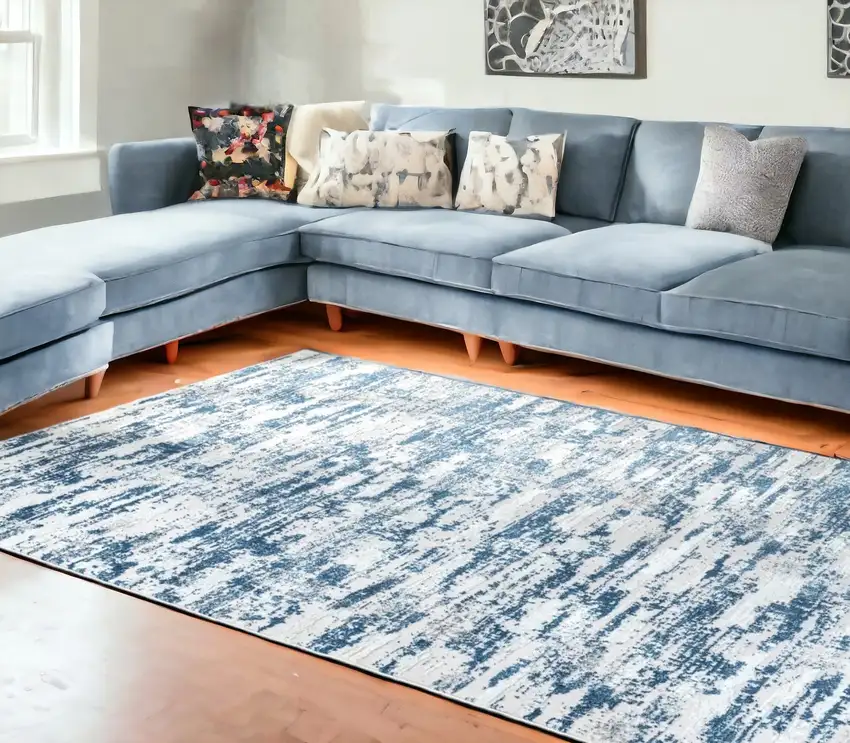 Navy Blue Abstract Washable Non Skid Area Rug With Fringe Photo 2