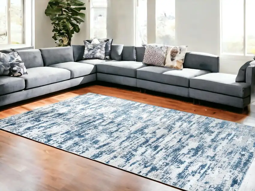Navy Blue Abstract Washable Non Skid Area Rug With Fringe Photo 1