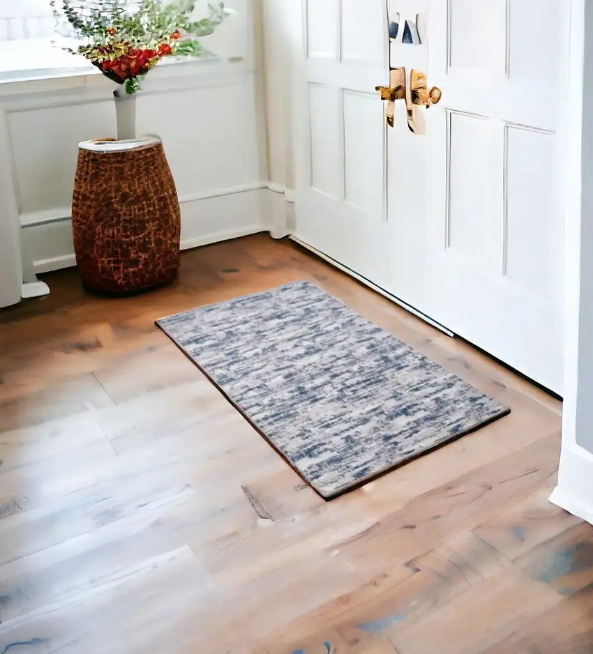 Navy Blue Abstract Washable Non Skid Area Rug With Fringe Photo 1