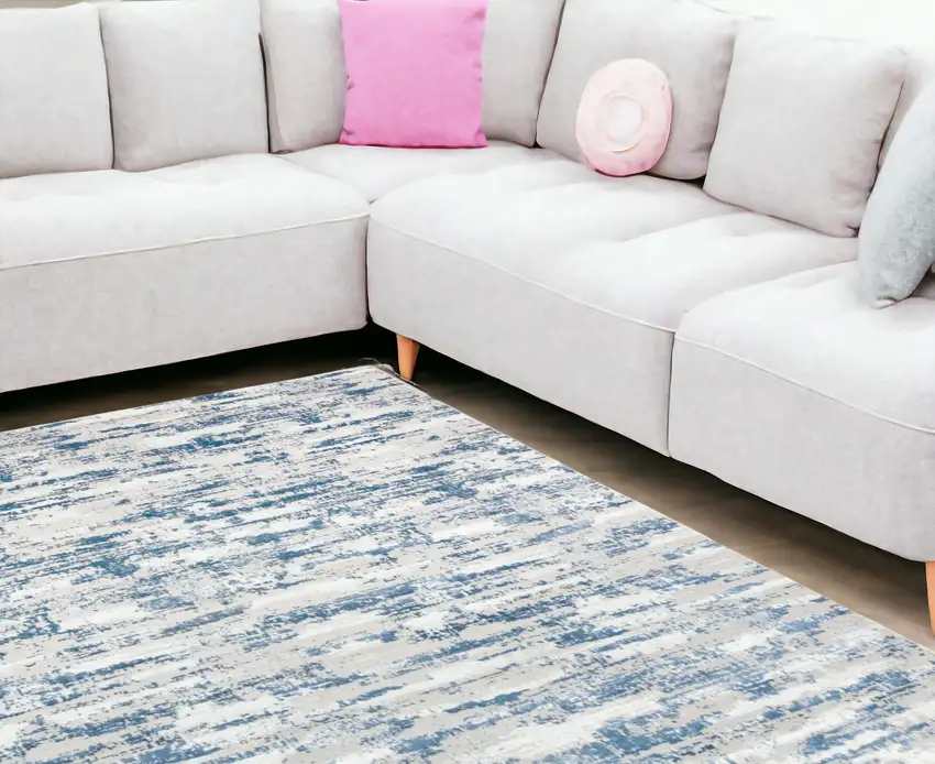 Navy Blue Abstract Washable Non Skid Area Rug With Fringe Photo 1