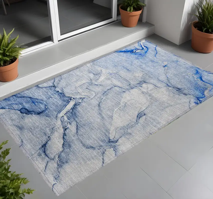 Navy Blue Abstract Washable Non Skid Indoor Outdoor Area Rug Photo 1