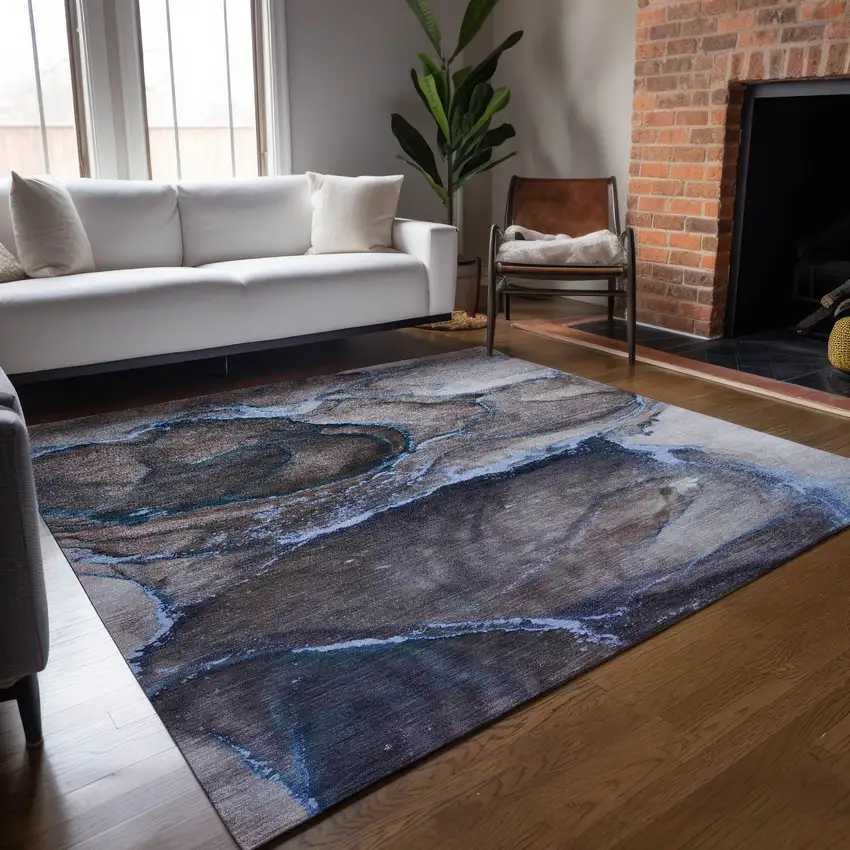 Navy Blue Abstract Washable Indoor Outdoor Area Rug Photo 8