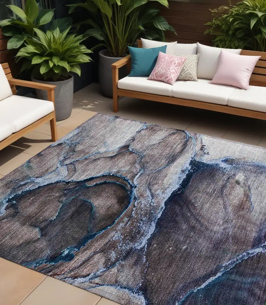 Navy Blue Abstract Washable Non Skid Indoor Outdoor Area Rug Photo 1