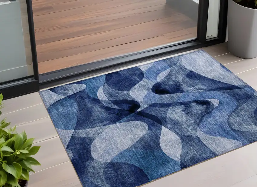 Navy Blue Abstract Washable Non Skid Indoor Outdoor Area Rug Photo 1