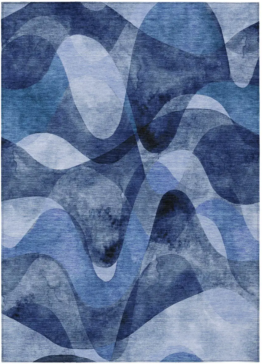 Navy Blue Abstract Washable Non Skid Indoor Outdoor Area Rug Photo 2