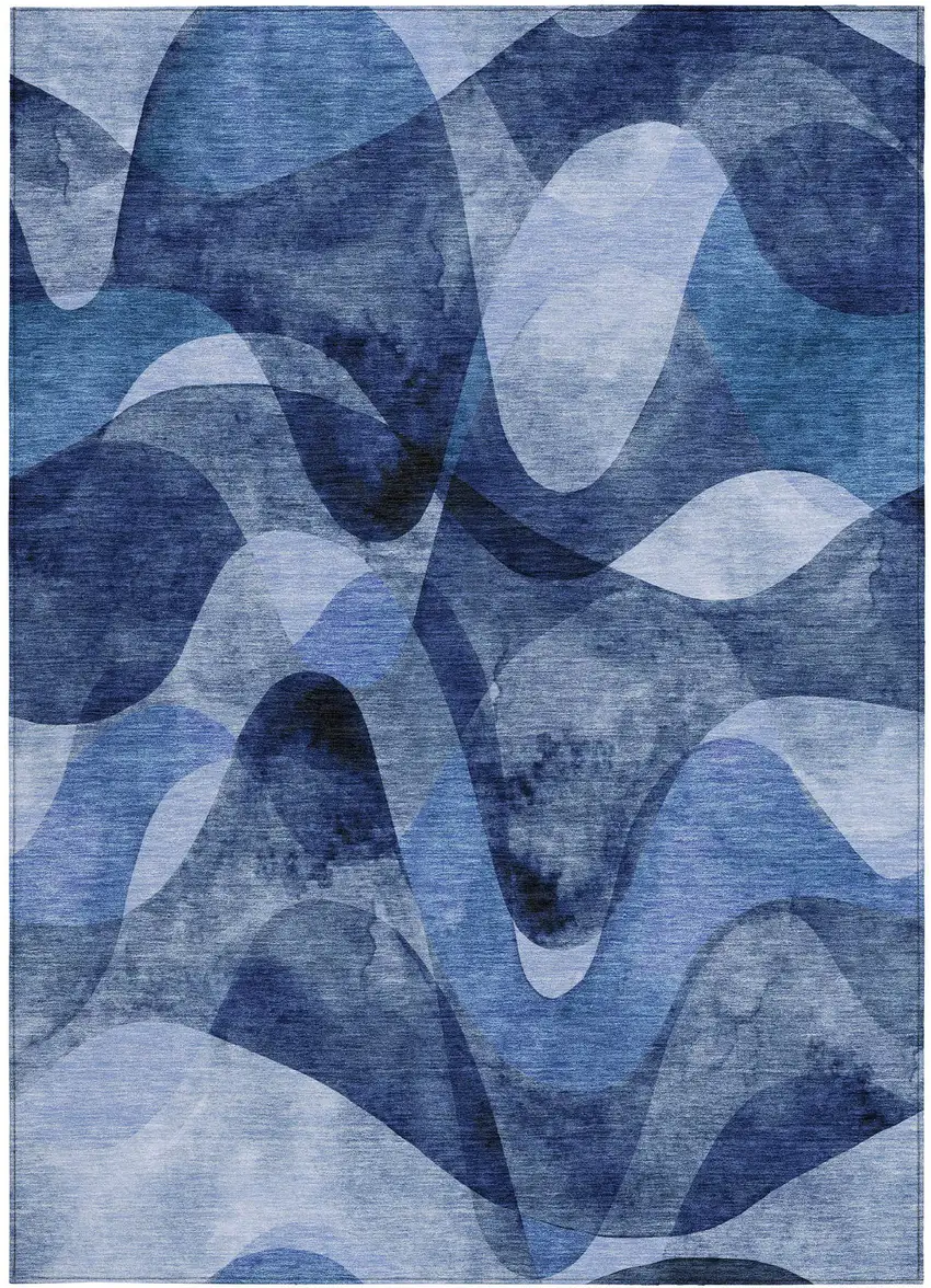 Navy Blue Abstract Washable Non Skid Indoor Outdoor Area Rug Photo 3