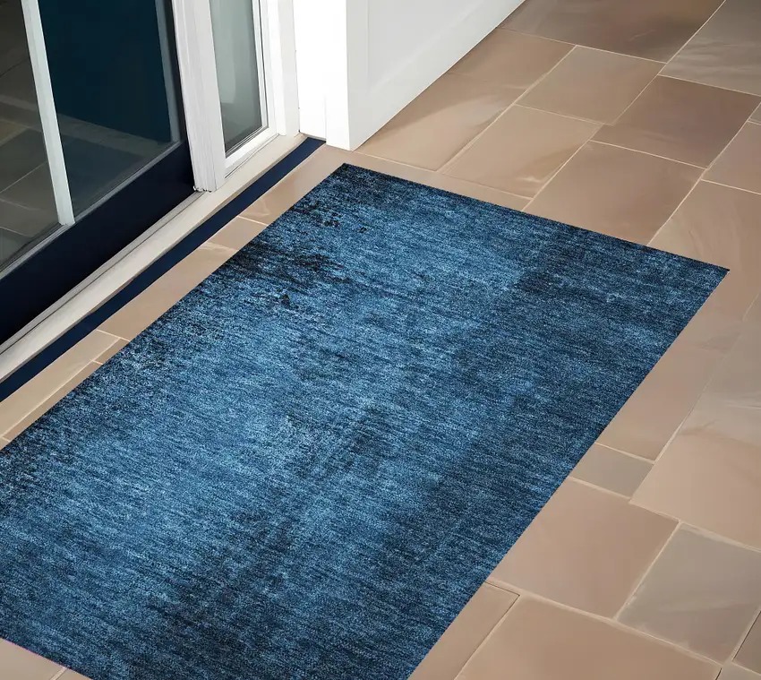 Navy Blue Abstract Washable Non Skid Indoor Outdoor Area Rug Photo 1