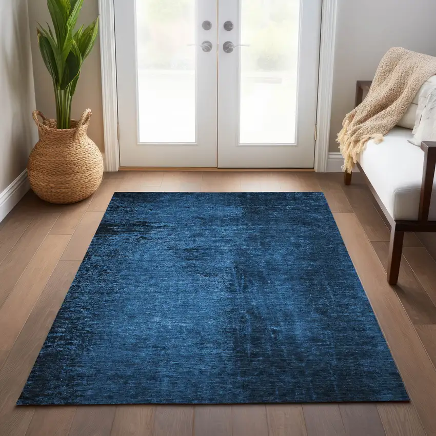 Navy Blue Abstract Washable Non Skid Indoor Outdoor Area Rug Photo 9