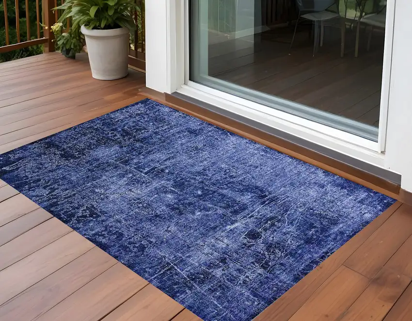 Navy Blue Abstract Washable Non Skid Indoor Outdoor Area Rug Photo 1