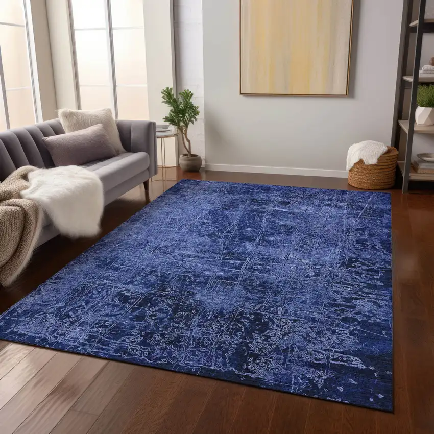 Navy Blue Abstract Washable Non Skid Indoor Outdoor Area Rug Photo 9