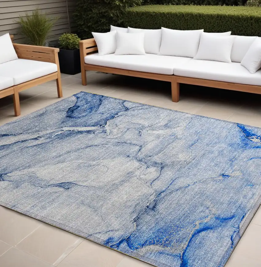 Navy Blue Abstract Washable Non Skid Indoor Outdoor Area Rug Photo 1