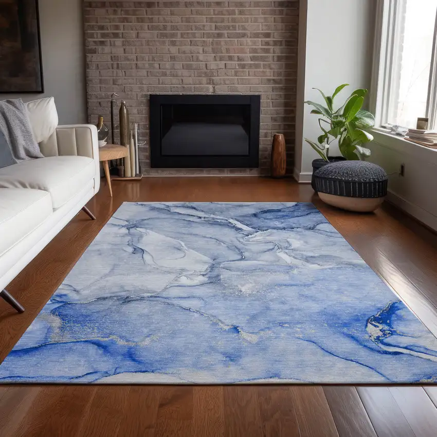 Navy Blue Abstract Washable Non Skid Indoor Outdoor Area Rug Photo 9