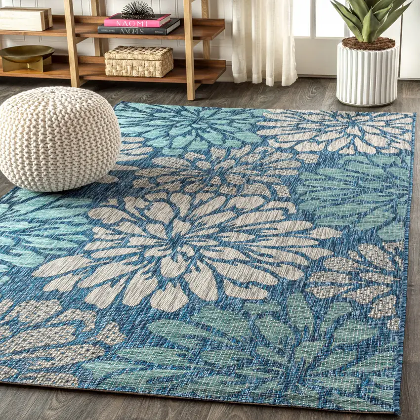 Navy Blue And Aqua Floral Indoor Outdoor Area Rug Photo 6