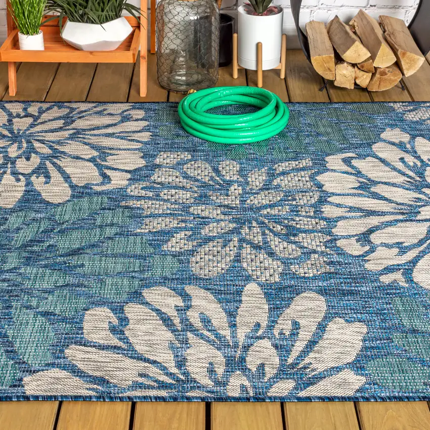 Navy Blue And Aqua Floral Indoor Outdoor Area Rug Photo 7