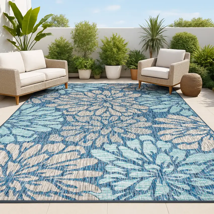 Navy Blue And Aqua Floral Indoor Outdoor Area Rug Photo 4